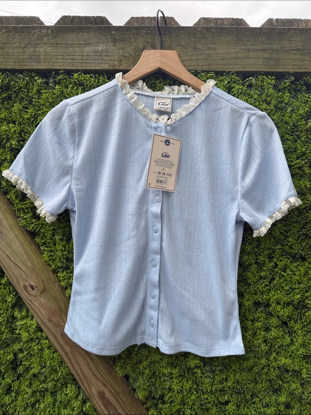 Kasey Musgraves x Lee Light Blue Button-Front Top with Cream Lace NWT
